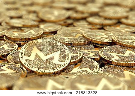 Stack of golden Monero coins in blurry closeup with copy space above in blurred area. 3D rendering