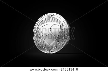 Silver NEM cryptocurrency physical concept coin isolated on black background. 3D rendering
