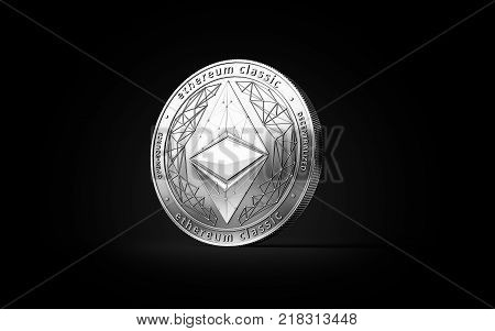 Silver Ethereum Classic ETC cryptocurrency physical concept coin isolated on black background. 3D rendering