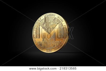 Golden Monero XMR cryptocurrency coin isolated on black background. 3D rendering