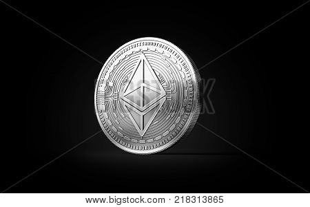 Silver Ethereum ETH cryptocurrency physical concept coin isolated on black background. 3D rendering