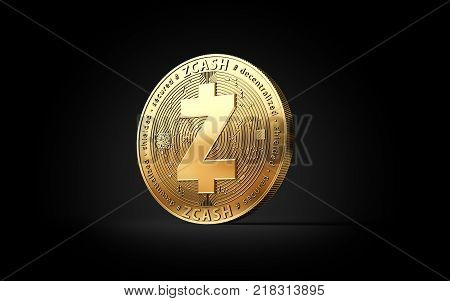 Golden Zcash ZEC cryptocurrency coin isolated on black background. 3D rendering