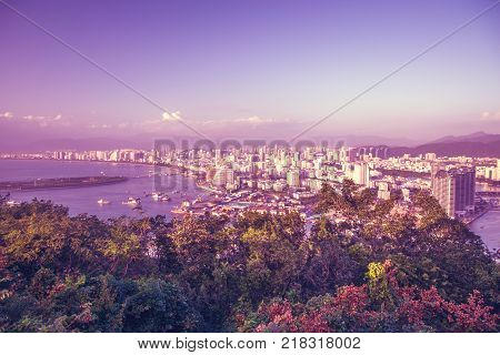 panorama of the city of Sanya, a view of the city in the highest point, the island of the Phoenix. Asia