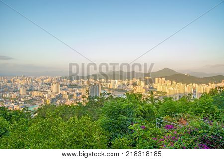 panorama of the city of Sanya, a view of the city in the highest point, the island of the Phoenix. Asia