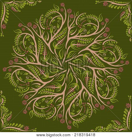 Circular pattern. Mandala. Round floral vector ornament. Elven green floral circular ornament