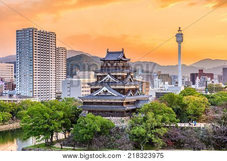 Hiroshima, Japan cityscape and castle.