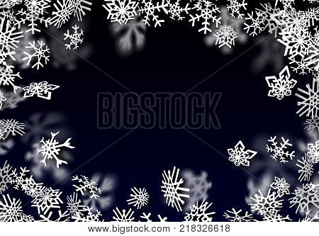 Snowfall background. Falling transparent snow with big spinning snowflakes