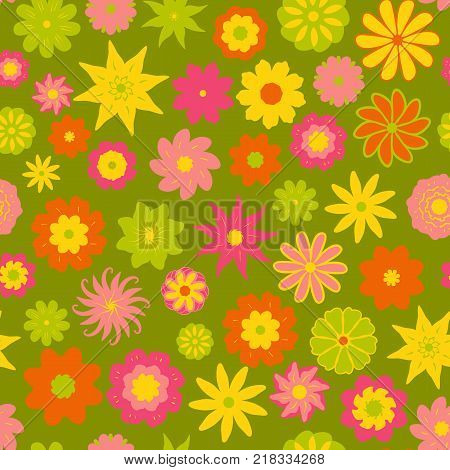 Seamless pattern with small flowers. Vector illustration texture. Colorful. Ditsy print small colored flowers on a green background