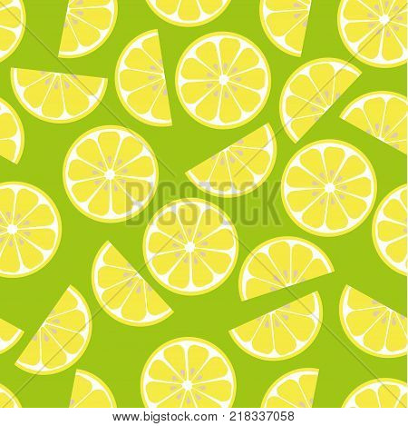 pattern with colored lemon on green background fruit half and slice with seeds realistic fruit collection background from the cut lemons