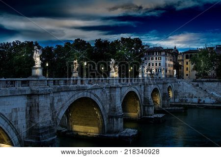 Ponte Sant'Angelo at night, in Rome, Italy