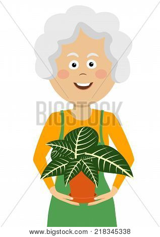 Elderly gardener woman holding flower in a pot on white background