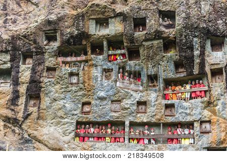 Lemo Indonesia - september 5 2014: famous burial site with coffins placed in caves carved into the rock guarded by the statues of the dead persons (called tau tau in local language). Tana Toraja South Sulawesi