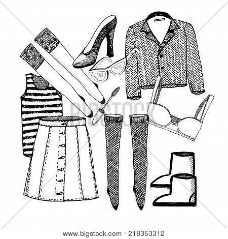 Elements of a women's wardrobe. Hand drawing. Vector illustration.