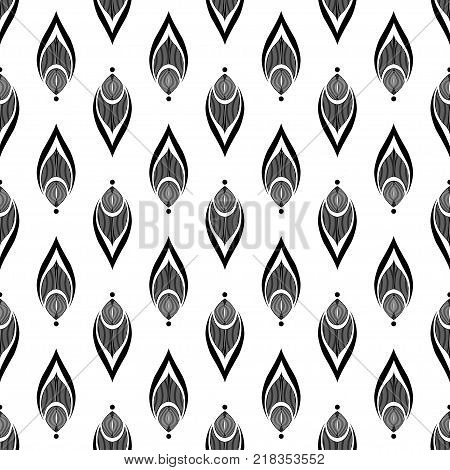 Seamless pattern of decorative feathers. Black and white vector illustration.