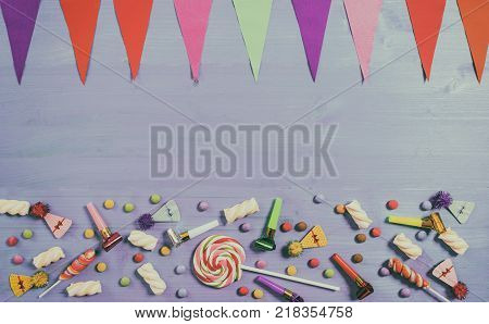 Colorful Party Accessories On Wooden Background, Top Niew, Copy Space