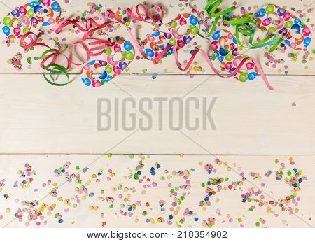 Colorful Party Accessories On Wooden Background, Top Niew, Copy Space