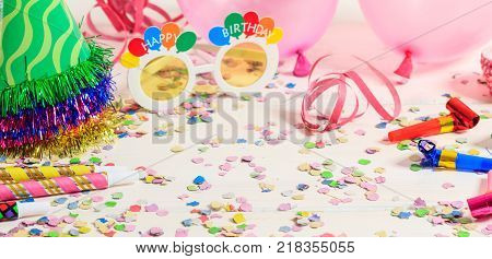 Colorful Party Accessories On Wooden Background, Top Niew, Copy Space