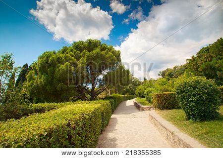 Beautiful Landscape In The Territory Of The Vorontsov Palace In The Crimea On A Clear Sunny Day