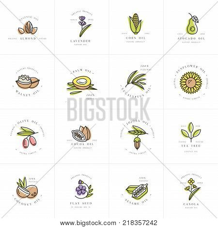 Vector set design templates and emblems - healthy and cosmetics oils. Different natural, organic oils. Logos in trendy linear style