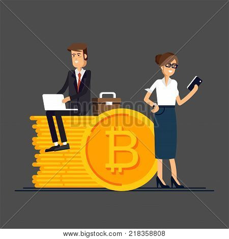 Bitcoin concept vector illustration of businessman and businesswoman using laptop and smartphone for online funding and making investments for bitcoin and blockchain. Flat design of new technology.