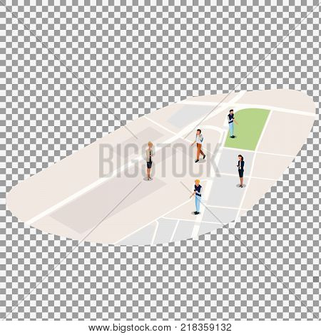 Isometric business people on the isometric map background on transparent background. -stock vector