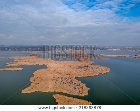 Aerial view of Lake Velencei in Hungary