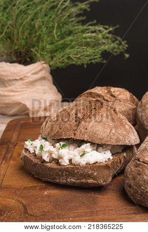Homemade farm bread with cottage cheese curd and thyme herb malt flour and curd cream in bowl on wooden table.