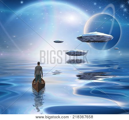 Exosolar Planets Rise over quiet waters. Man in boat. 3D rendering