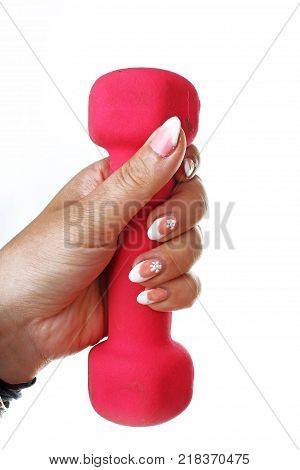 Woman hand holding barbell dumbbell on isolated white cutout background. Studio photo with studio lighting easy to use for every concept.