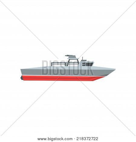 Colorful coast guard cutter in flat style. Navy surveillance ship. Cartoon military boat icon. Vector illustration isolated on white. Graphic design element for website, mobile game or infographic.