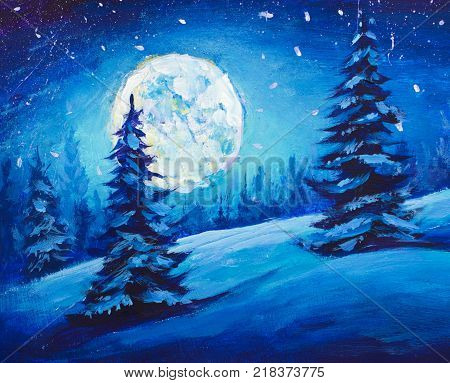 Painting Fairy winter night in a mountain valley with full moon in a starry sky. Christmas mood illustration. Majestic moon rise in a winter forest covered with fresh snow.