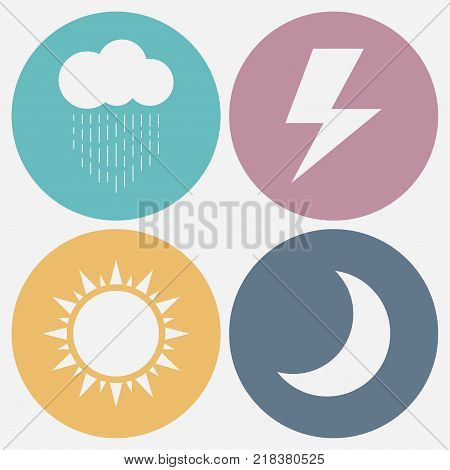 Set of weather icon, moon, sun, rain, lightning.