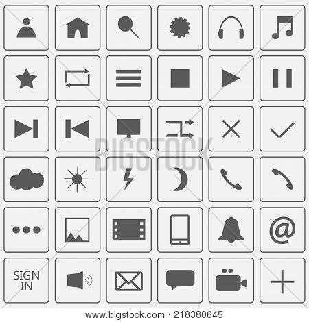 Set of icons. Buttons in the squares on light background. Vector illustration.
