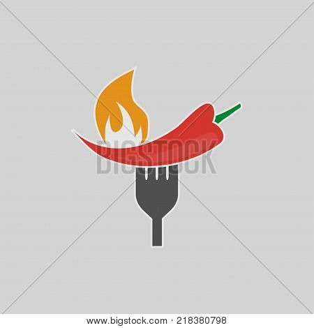 Chili pepper in flames on a fork. Logo. Vector illustration.