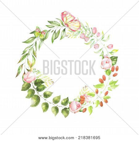 Sketched colorful wreath, groups, garland for romantic wedding, valentines day design.