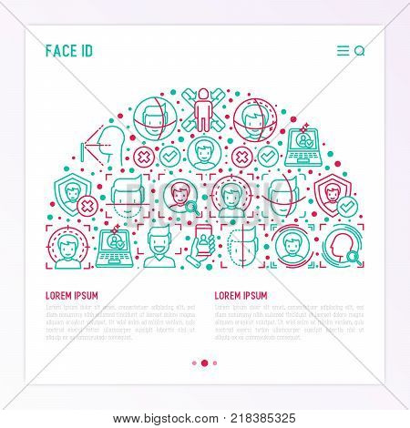 Face ID concept in half circle with thin line icons: face recognition, scanning, mobile authentication, approved, disapproved, face detect. Modern vector illustration, template for web page.