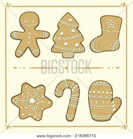 Set Christmas gingerbread. Gingerbread man, Christmas tree, sock, snowflakes, Сhristmas candy, 
mitten. Vector illustration.