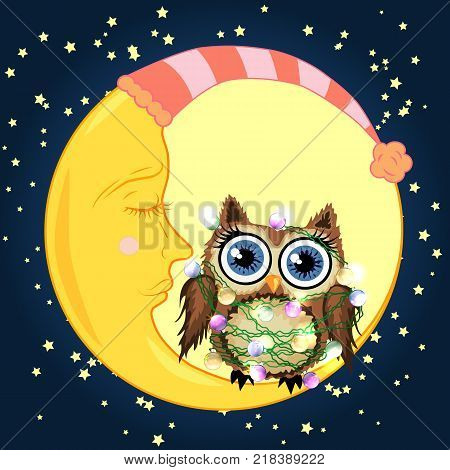 Cute cartoon brown owl tangled in garlands of light bulbs, mimicking the stars and the glow of the crescent moon sits on the slumbering against the night sky with stars