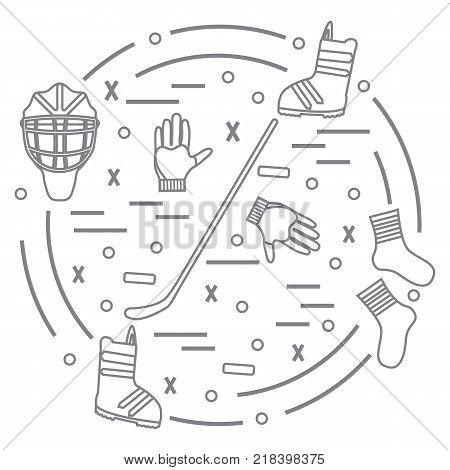 Vector illustration of various subjects for hockey and snowboarding arranged in a circle. Including icons of helmet, gloves, stick, puck, socks, snowboard boots. Winter elements made in line style.