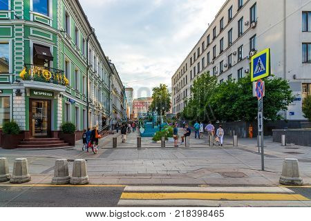Moscow, Russia - July 25. 2017. Stoleshnikov lane is a pedestrian street in the historical center of the city