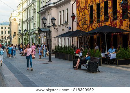 Moscow, Russia - July 25. 2017. Stoleshnikov lane is a pedestrian street in the historical center of the city