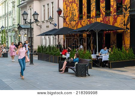 Moscow, Russia - July 25. 2017. Stoleshnikov lane is a pedestrian street in the historical center of the city