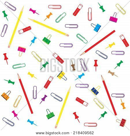 Nice picture of different colored paper clips and buttons, pencil  and glue on white background