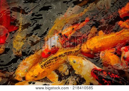 A pond full of large multi-colored Asian carp or koi at li yuan garden in Zhaojialou town in Shanghai China.