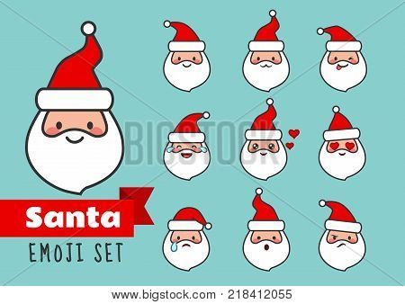 Vector cartoon simple flat line Santa Claus emoji set. Cute and funny different emotions Santa face stickers avatar portrait collection. Festive Christmas theme character design elements isolated.
