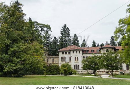 Fragment of restored Vrana Palace  in National monument of landscape architecture Park museum Vrana in former time royal palace on the outskirts of Sofia, Bulgaria, Europe