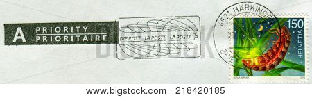 GOMEL, BELARUS, 9 DECEMBER 2017, Stamp printed in Switzerland shows image of the ÃÂ¡ricket, circa 2016. 