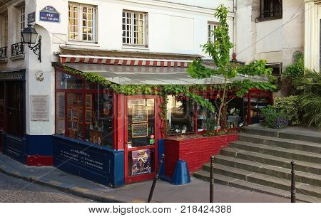 Paris, France - April 23, 2017: The charming La reserve de Quasimodo is traditional small French restaurant located in the heart of Paris, France.
