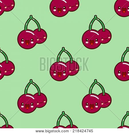 Seamless pattern Red cherry kawaii funny face with eyes and pink cheeks Fresh juicy berries isolated on green background.  illustration