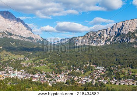 Cortina D'Ampezzo is a beautiful alpine resort in the background with wonderful mountain peaks Trentino Alto Adige region Dolomites in ItalyEurope